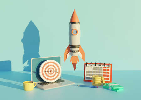 launch startup business concept with 3d render or rendered view result flat styleの写真素材
