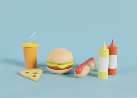 varios fast food with burger pizza and hot dog . 3d illustration rendering renderの写真素材