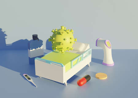 covid corona virus patient with bed and some medicine . 3d illustration rendering render
