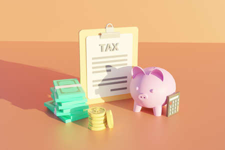 tax concept with clipboard money and piggy bank savings . 3d illustration rendering render