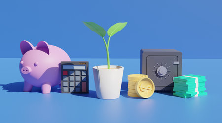 business money investment concept with tree and some financial asset like money gold coin and calculator . 3d illustration rendering renderの写真素材