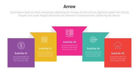 arrow or arrows stage infographics template diagram with box rectangle flip book and 5 point step creative design for slide presentation vectorのイラスト素材