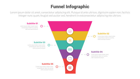 funnel shape infographics template diagram with shrink reverse pyramid shape and 5 point step creative design for slide presentation vectorのイラスト素材