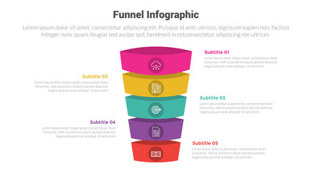 funnel shape infographics template diagram with 3d vertical shape dimension and 5 point step creative design for slide presentation vectorのイラスト素材
