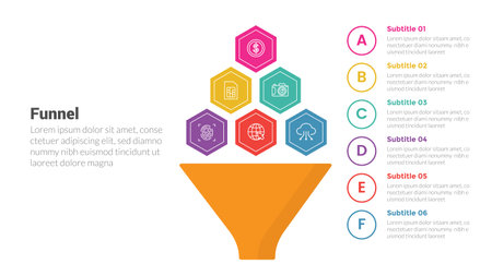 funnel shape infographics template diagram with honeycomb shape on top funnels and 6 point step creative design for slide presentation vectorのイラスト素材