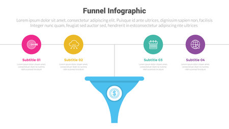 funnel shape infographics template diagram with funnels and spreading insert circle icon and 4 point step creative design for slide presentation vectorのイラスト素材