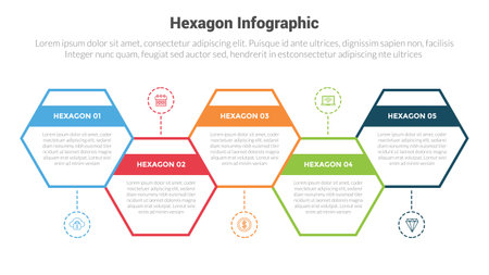 hexagon or hexagonal honeycombs shape infographics template diagram with horizontal timeline outline box up and down with 5 point step creative design for slide presentation vectorのイラスト素材