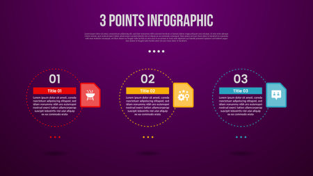 3 points or step process infographic with big outline circle dotted horizontal with modern dark style for slide presentation vectorのイラスト素材