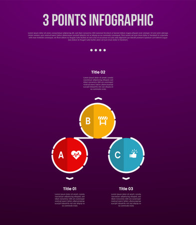 3 points or step process infographic with big circle outline up and down with flat shadow with modern dark style for slide presentation vectorのイラスト素材