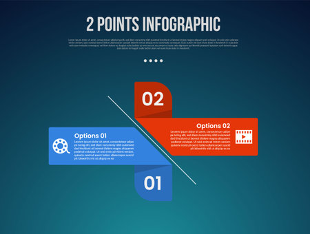 2 or two point template comparison versus things in infographic with creative rectangle box with shadow ribbon with modern dark style for slide presentation vectorのイラスト素材