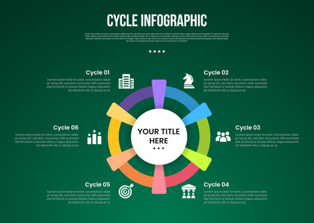 cycle infographic with creative circle spreading shape with 6 point stage with modern dark style for slide presentation vectorのイラスト素材