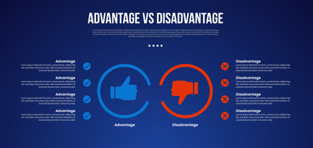 advantage vs disadvantage infographic for comparison data with big outline circle with point on left and right side with modern dark gradient style background with 2 point information vectorのイラスト素材