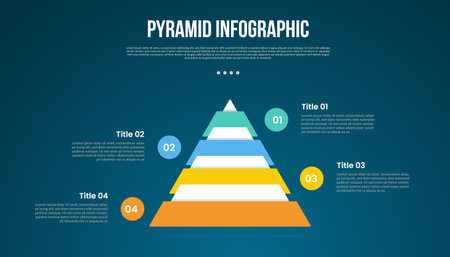 pyramid or funnel template infographic with big pyramid centered with circle opposite position with 4 point dark background style for slide presentation vectorのイラスト素材