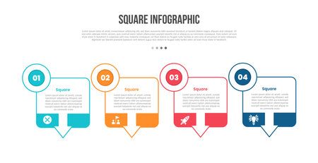 square base shape infographics template diagram with small table with bottom badge and arrow pointer with 4 point step creative simple flat outline vectorのイラスト素材
