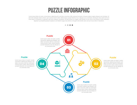 puzzle jigsaw base shape infographics template diagram with hexagon opposite direction with circle badge on side with 4 point step creative simple flat outline vectorのイラスト素材