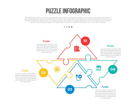 puzzle jigsaw base shape infographics template diagram with triangle base structure with circle badge with 4 point step creative simple flat outline vectorのイラスト素材