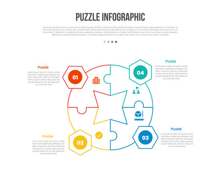 puzzle jigsaw base shape infographics template diagram with big circle circular with hexagon badge with 4 point step creative simple flat outline vectorのイラスト素材