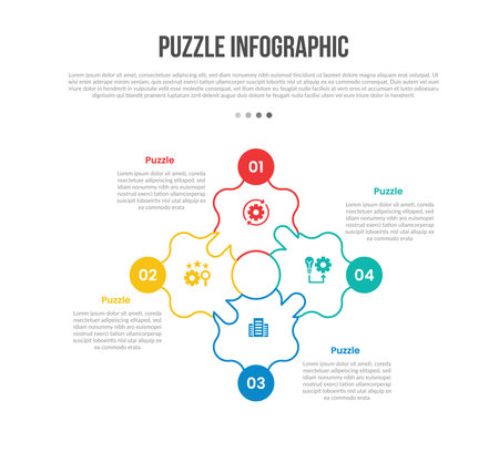 puzzle jigsaw base shape infographics template diagram with creative shape on symmetric structure with sharp edge with 4 point step creative simple flat outline vectorのイラスト素材