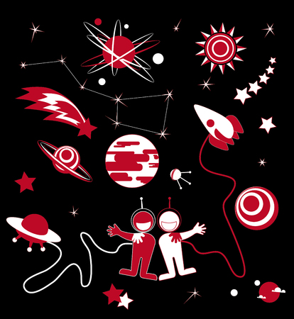 Set of Universe. Solar system, Planets, Sun and Moon, Galaxy. Friendship hug each other, partnership.のイラスト素材