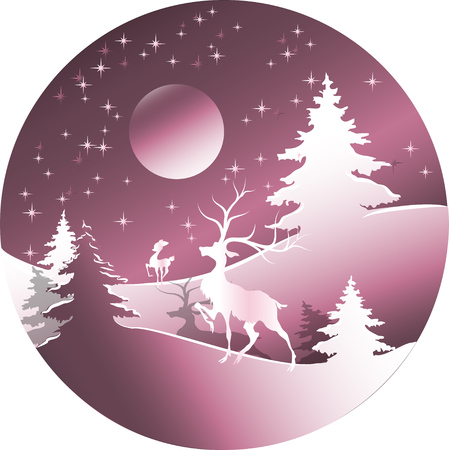 Deer in forest with snow in christmas and winter season. Landscape with deer. Illustration for designのイラスト素材