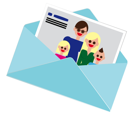 Family portrait photos. Mother son father daughter. A letter with a photo.のイラスト素材