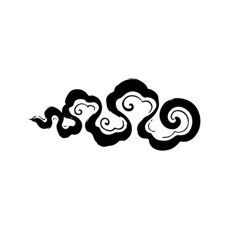[A single black cloud with swirling patterns, drawn in a traditional Asian ink brush style. Isolated vector element on a white background.]のイラスト素材