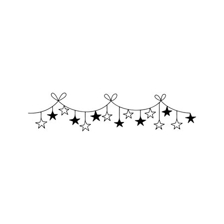 A minimalist black line art illustration of a festive garland featuring hanging stars, some solid and some outlined, tied with small bows.のイラスト素材