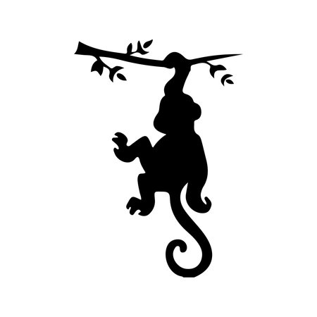 A graphic black silhouette of a monkey hanging by its long, curled tail from a leafy tree branch. The design is simple and stylized.のイラスト素材