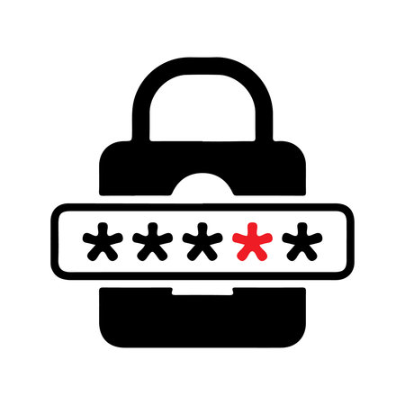 A flat vector icon of a black padlock with a password entry field. The field contains six asterisks, with one highlighted in red, symbolizing a security error or weakness.のイラスト素材