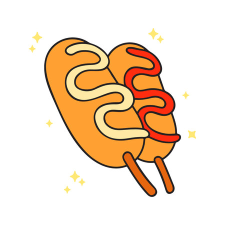 A simple, flat illustration of two golden-brown Korean corn dogs on sticks, one drizzled with yellow mustard and the other with red ketchup, surrounded by sparkles.のイラスト素材