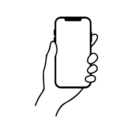 Black outline vector icon of a hand holding a modern smartphone with a blank screen.のイラスト素材