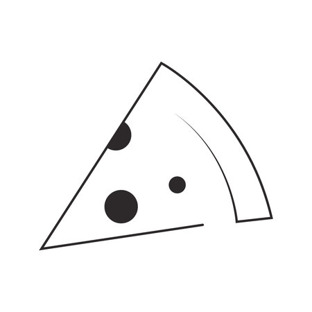 A minimalist black and white icon depicting a single slice of pizza. The line art drawing shows a triangular shape with a crust and three circular toppings.のイラスト素材