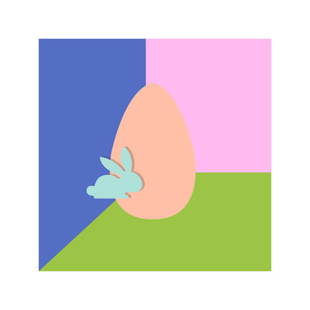 A minimalist graphic of a small, light blue bunny peeking from behind a large, peach-colored egg. The design is flat with a simple, modern aesthetic.のイラスト素材