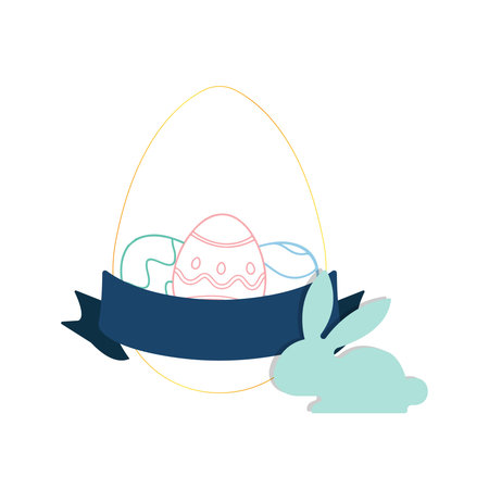 A minimalist vector illustration for Easter. It shows decorated eggs in a golden frame, a blank blue ribbon, and a light blue bunny silhouette.のイラスト素材