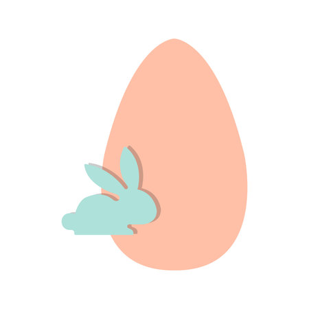 A flat, modern illustration for Easter. A light blue rabbit silhouette sits before a large, pastel peach egg, with a subtle drop shadow creating a layered effect.のイラスト素材