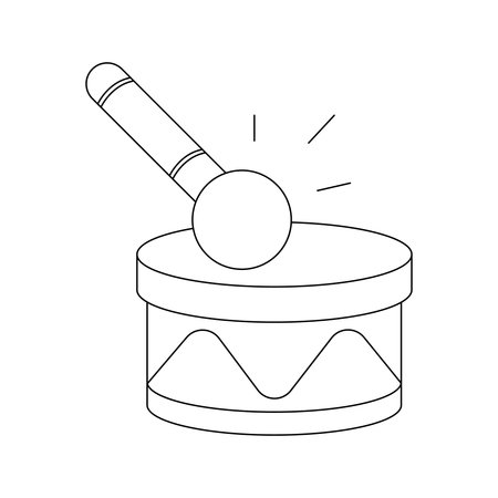 A minimalist black outline illustration of a toy drum and a mallet. The mallet is striking the drum, with lines indicating the sound of the beat.のイラスト素材