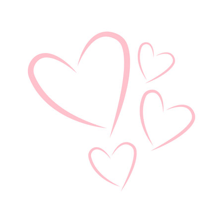 A simple illustration of four light pink heart outlines of varying sizes, drawn with elegant, flowing brush strokes.のイラスト素材