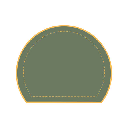 A flat graphic illustration of a blank, dome-shaped label or patch. It is olive green with a yellow border and a decorative dashed line stitch inside.のイラスト素材