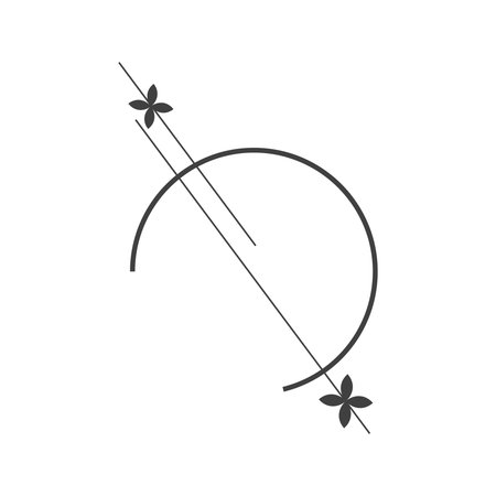 A modern, abstract black icon featuring a large arc intersected by two parallel diagonal lines. The longer line is adorned with a four-petaled flower at each end.のイラスト素材