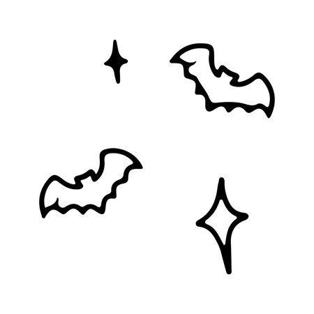 A simple, hand-drawn illustration featuring two stylized bats in flight and two star shapes in black ink on a white background.のイラスト素材