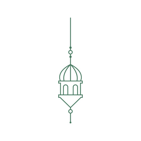 A minimalist line art illustration of a hanging lantern. The dark green outline features a domed top, arched openings, and a pointed base, suggesting an Arabic or Islamic design.のイラスト素材