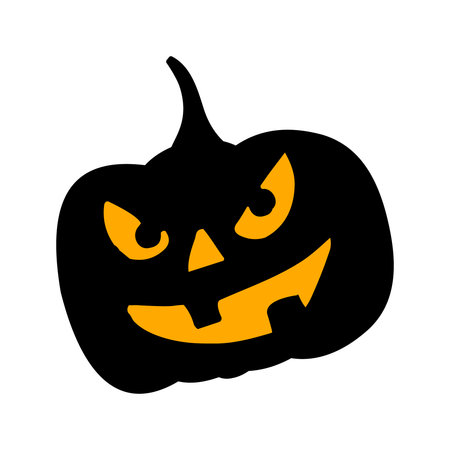 A stylized black pumpkin with a menacing orange carved face, featuring glowing eyes and a wide grin, perfect for Halloween.のイラスト素材