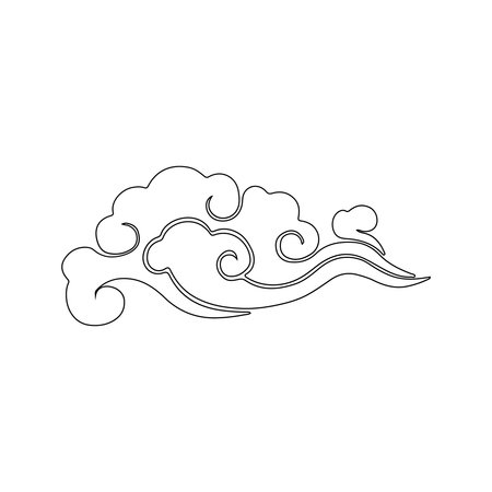 A minimalist black line drawing depicts a series of stylized, swirling clouds with flowing, organic shapes.のイラスト素材