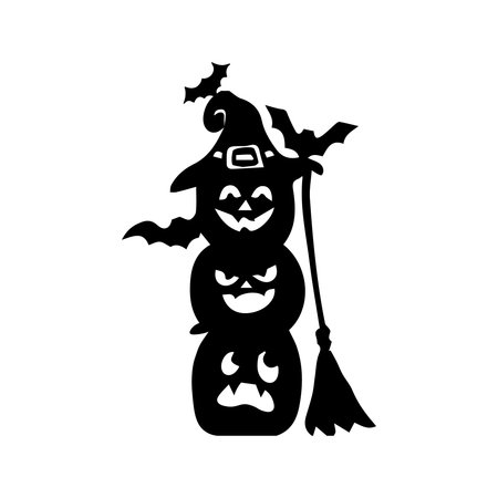 A black silhouette of three stacked pumpkins, each with a carved face, topped with a witch hat and a broomstick.のイラスト素材