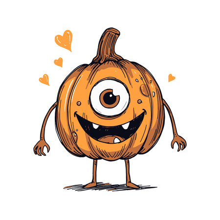 A charming hand-drawn illustration of a happy cyclops pumpkin monster. This funny and lovely character is perfect for Halloween, isolated on a white background.のイラスト素材