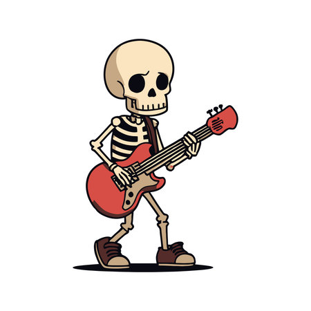 A funny cartoon skeleton character playing a red electric guitar. This rock star musician is isolated on a white background, perfect for music or Halloween themes.のイラスト素材