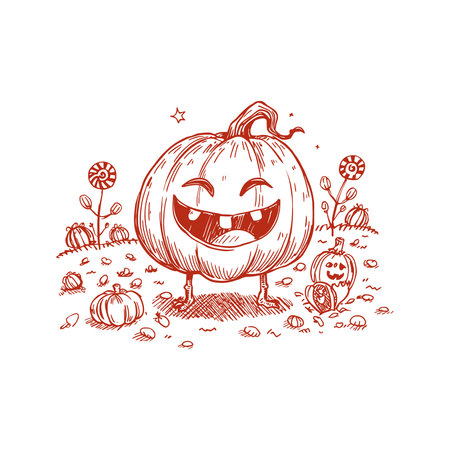 A whimsical hand-drawn illustration of a happy jack-o'-lantern character with legs, standing in a field of pumpkins and candy flowers. Red sketch style on a white background.のイラスト素材