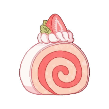 An illustration of a delicious strawberry swiss roll cake slice topped with cream and a fresh...