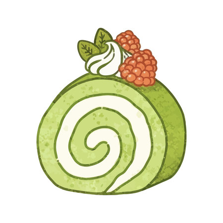 Illustration of a matcha green tea Swiss roll cake slice. Decorated with whipped cream, fresh...