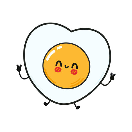 A cute, happy, smiling fried egg character. The egg is shaped like a heart and has a kawaii face on the yolk. Isolated on a white background.のイラスト素材